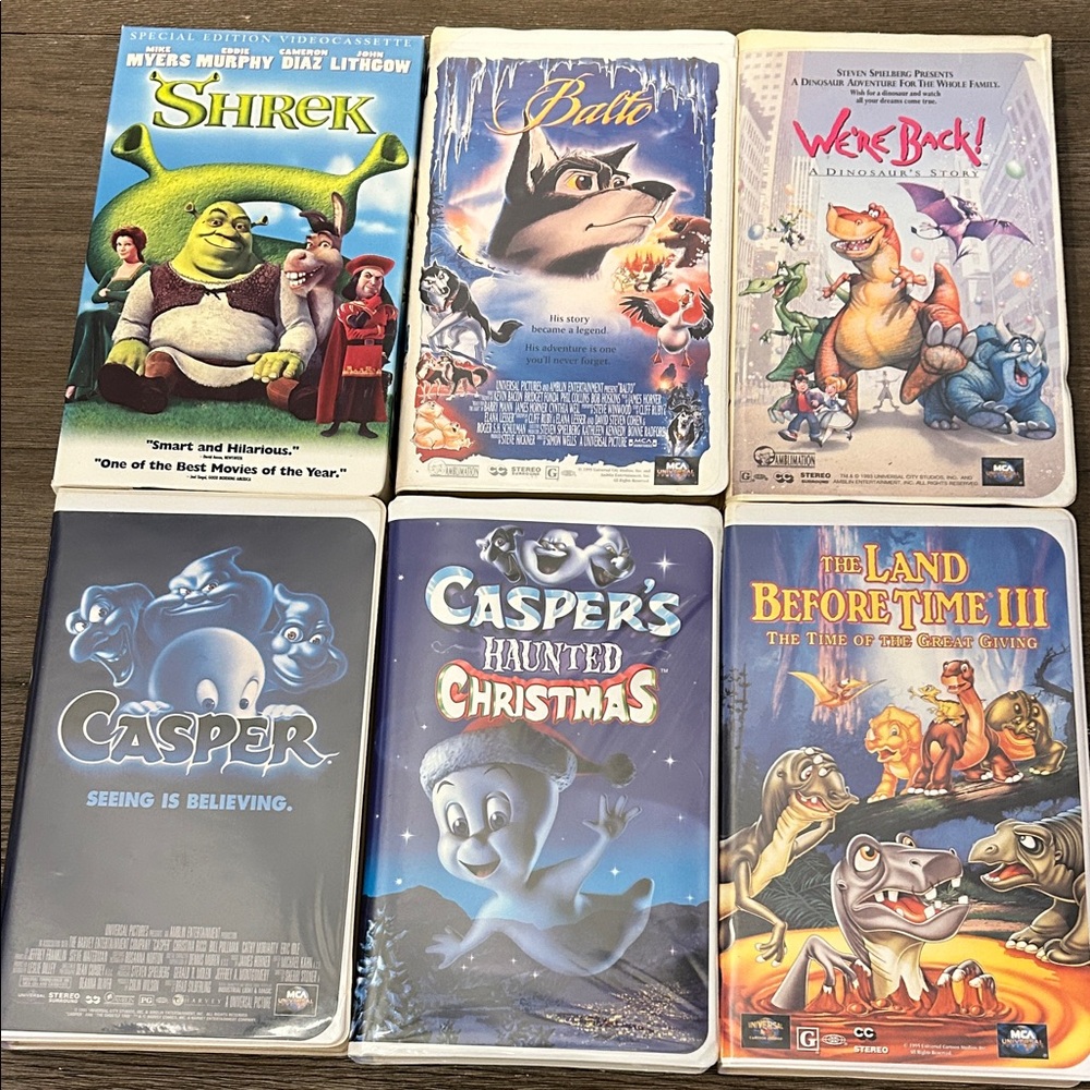 Animated VHS Tapes children’s Movies dinosaur shrek Casper 6 Tapes